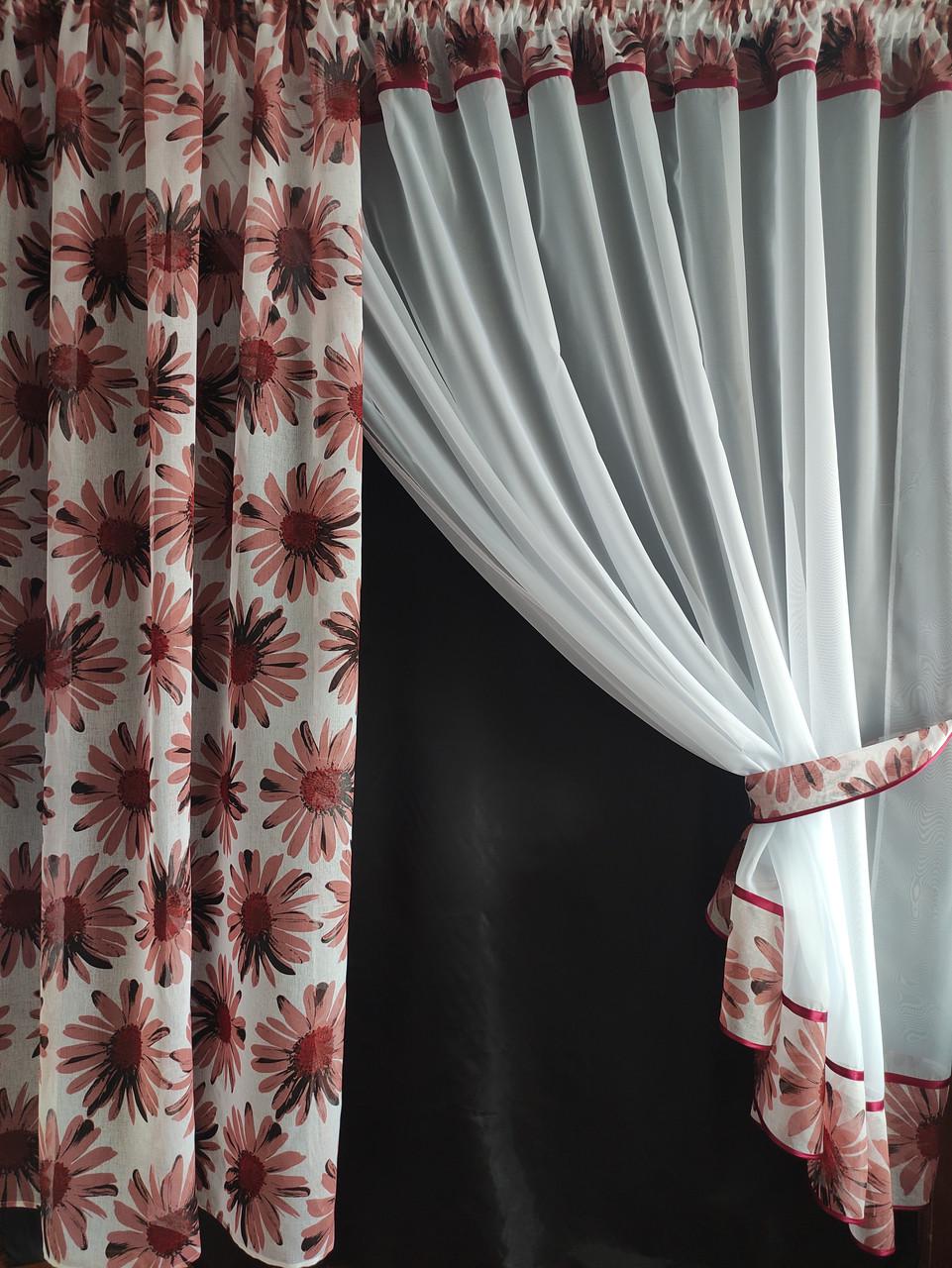 Комплект на кухонное окно Ромашка шифон и батист с цветами 290х190 см Белый/Терракотовый (ромашка-04) - фото 1