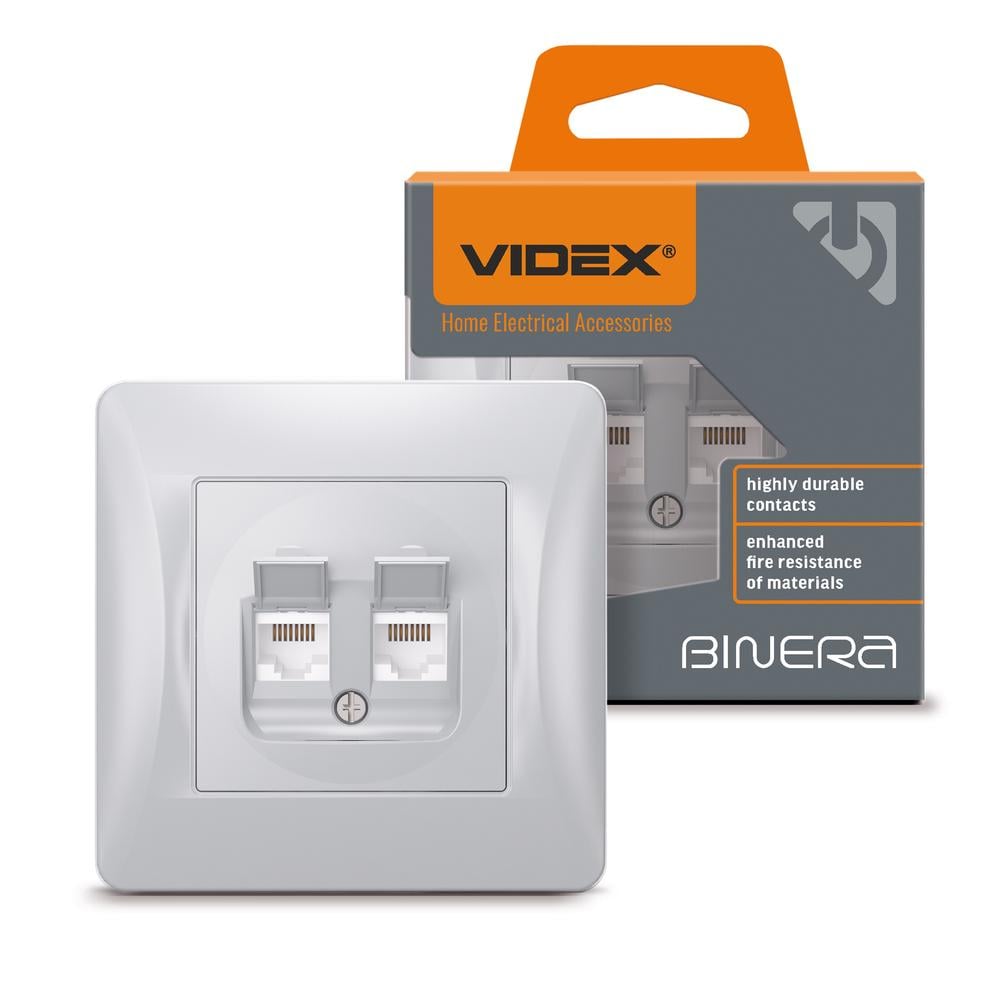 Розетка двойная CAT6+CAT6 Videx Binera компьютерная Серебряный шелк (12109)