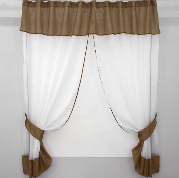 Занавеска с ламбрекеном на кухню шифон/батист 260х170 см Белый/Карамельный (085к)