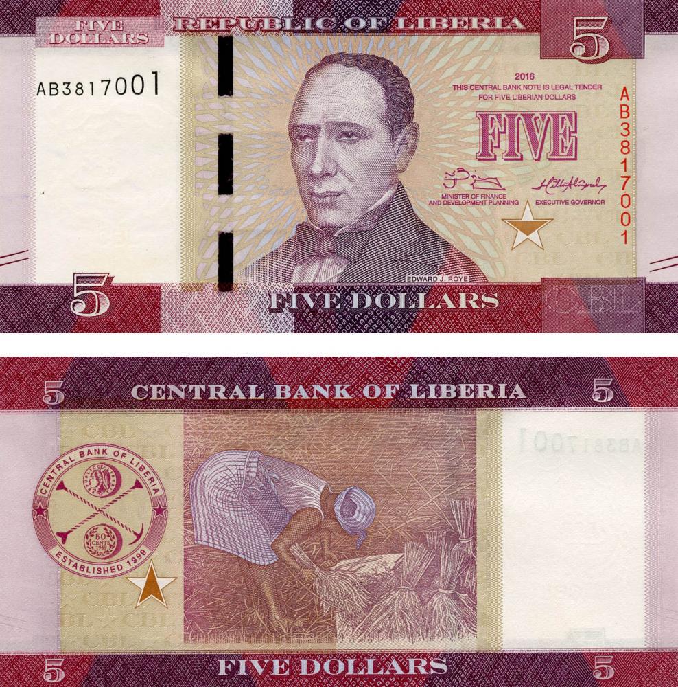 Коллекционная банкнота Либерия 5 долларов 2016 UNC P31 (Б12383)