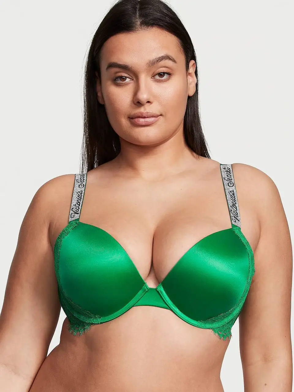 Бюстгальтер мереживний зі стразами з пуш ап Victoria's Secret Shine Strap Lace Push-Up Bra 75C Зелений (19366842)