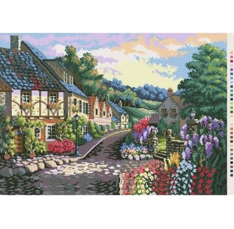 Канва с рисунком для вышивки нитками Цветочная улочка А3-16-084