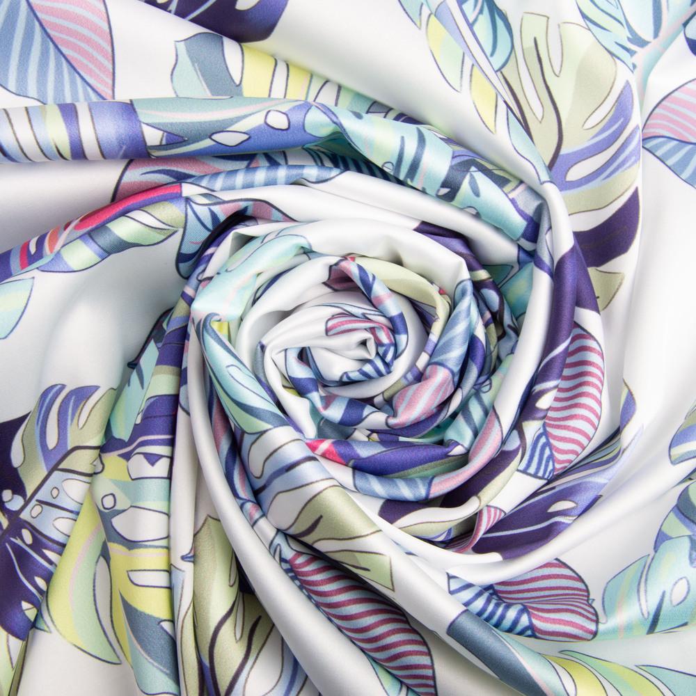 Ткань атлас с рисунком Монстера 90 гр/м2 145 см Белый (26047)