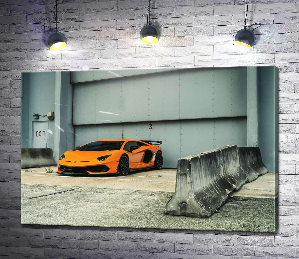 Картина ArtPoster Помаранчевий автомобіль Lamborghini Aventador біля ангара 50x33 см Модуль №1 (003950)