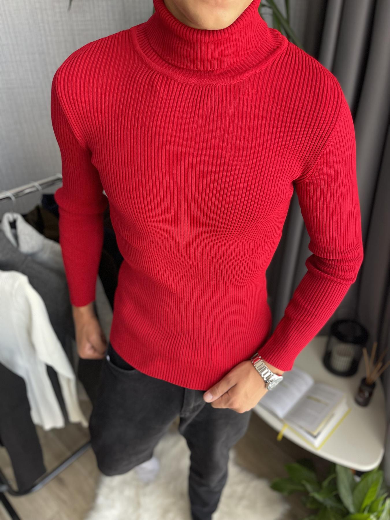 Гольф мужской с высокой горловиной в рубчик M Красный (26535/5/1) - фото 1