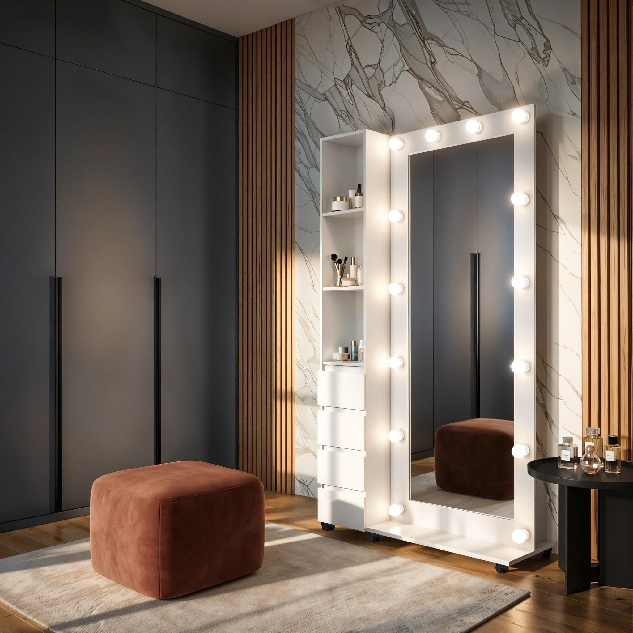 Зеркало напольное с лампочками NRP14 1100x350x1860 мм Белый (31762416)