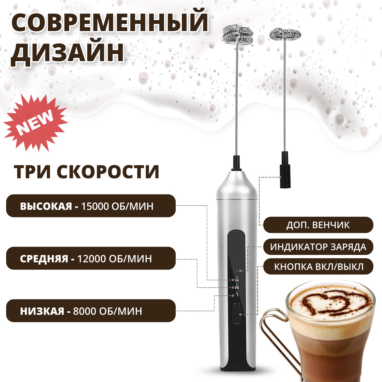 Капучинатор акумуляторний Premium Milk Frother MFB1501D Сірий (00217) - фото 5