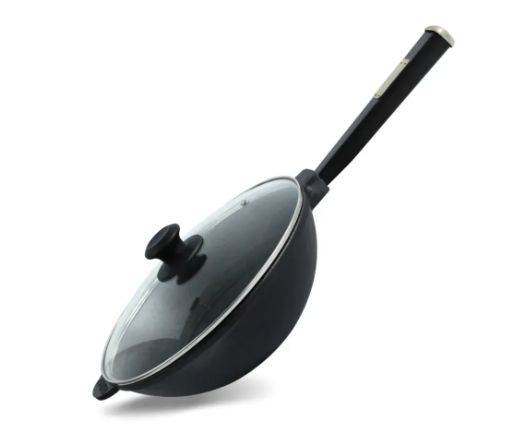 Сковорода чугунная Brizoll WOK с деревянной ручкой и стеклянной крышкой 2,8 л Black (W26HP1-6)
