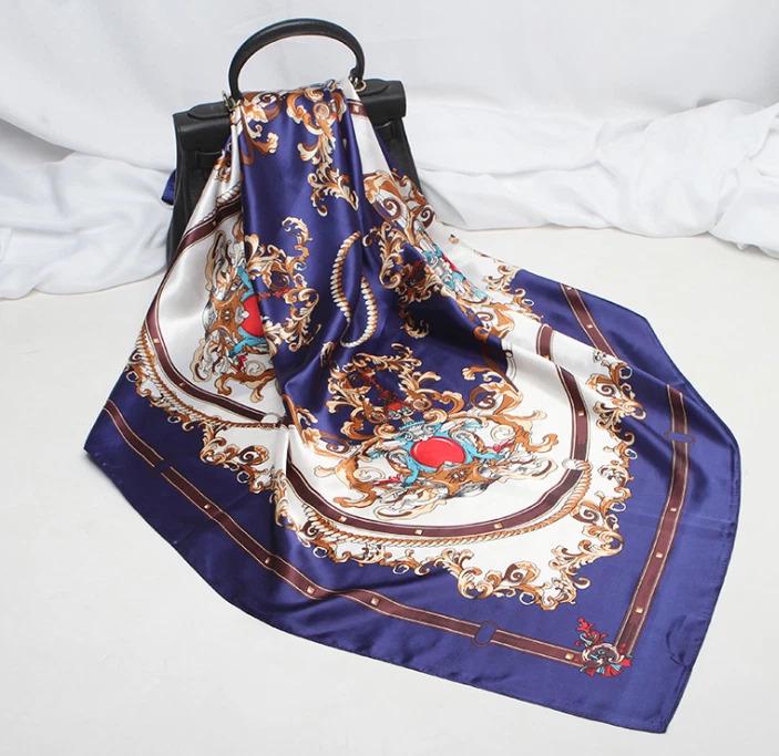 Платок винтажный шелковый Jago Абстракция с цепочками 90х90 см Синий - фото 4