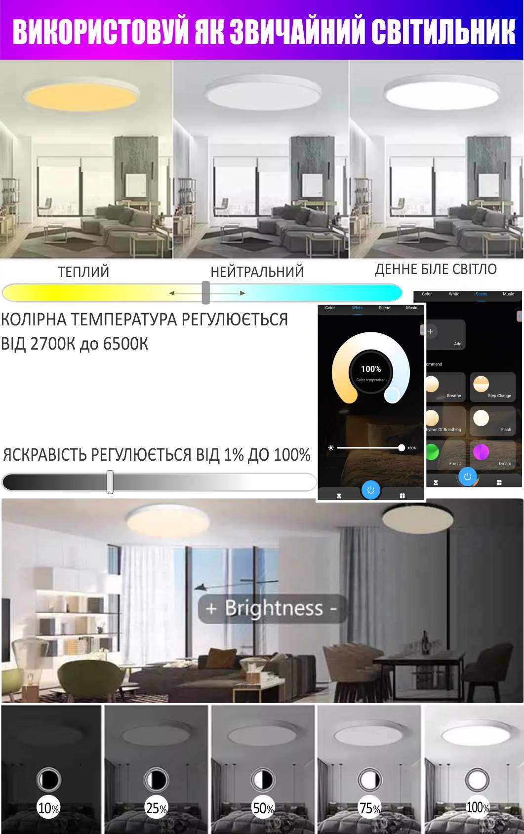 Світильник розумний стельовий RGB CCT Wi-Fi з пультом ДК 24W ø 290 мм (801794) - фото 7