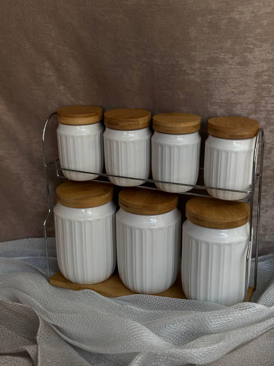 Набор банок для сыпучих продуктов TS Kitchen керамика бамбук на подставке 8 пр. Белый (20150380)