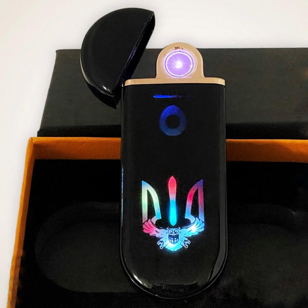 Зажигалка USB плазма гравировки переливающаяся разными цветами "Тризуб" (SP48)