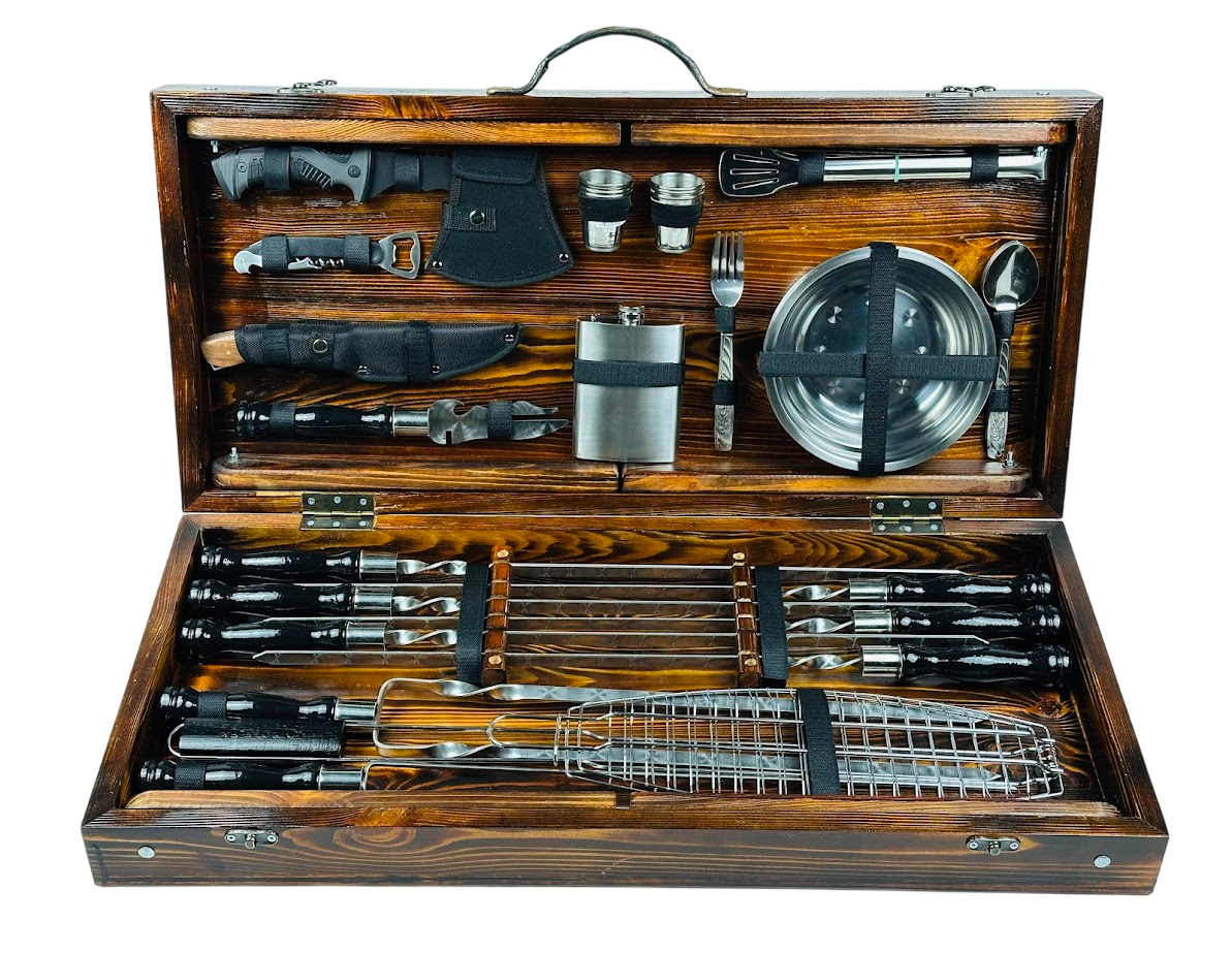 Набор шампуров ручной работы Grill Master LUX с аксессуарами и столом-трансформером 39 предметов 75х35х13 см. Коричневый (124-10-KS-7302)