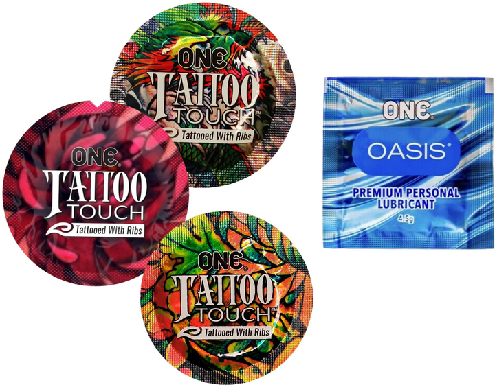 Презервативи One Tattoo Touch 3 шт./Лубриканти One Oasis 4,5 мл (ROZ6400229323)