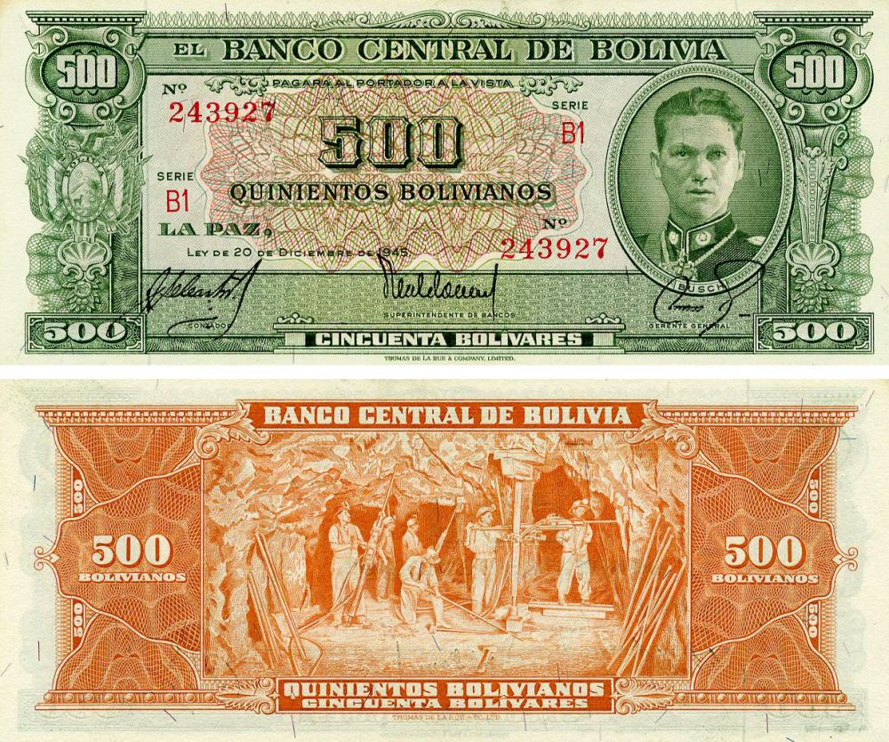 Коллекционная банкнота Боливия 500 Боливиан 1945 VF-AU P148 (Б21001)