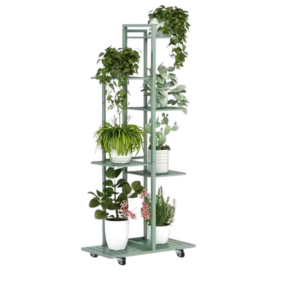 Стеллаж для растений полка для цветов в комнату подставка на колесах металлический на 7 ярусов Зеленый