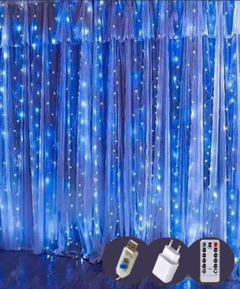 Гирлянда Штора-роса 3x2 м 20 линий 400LED USB адаптер пульт Сине-белый (FFJ00263)
