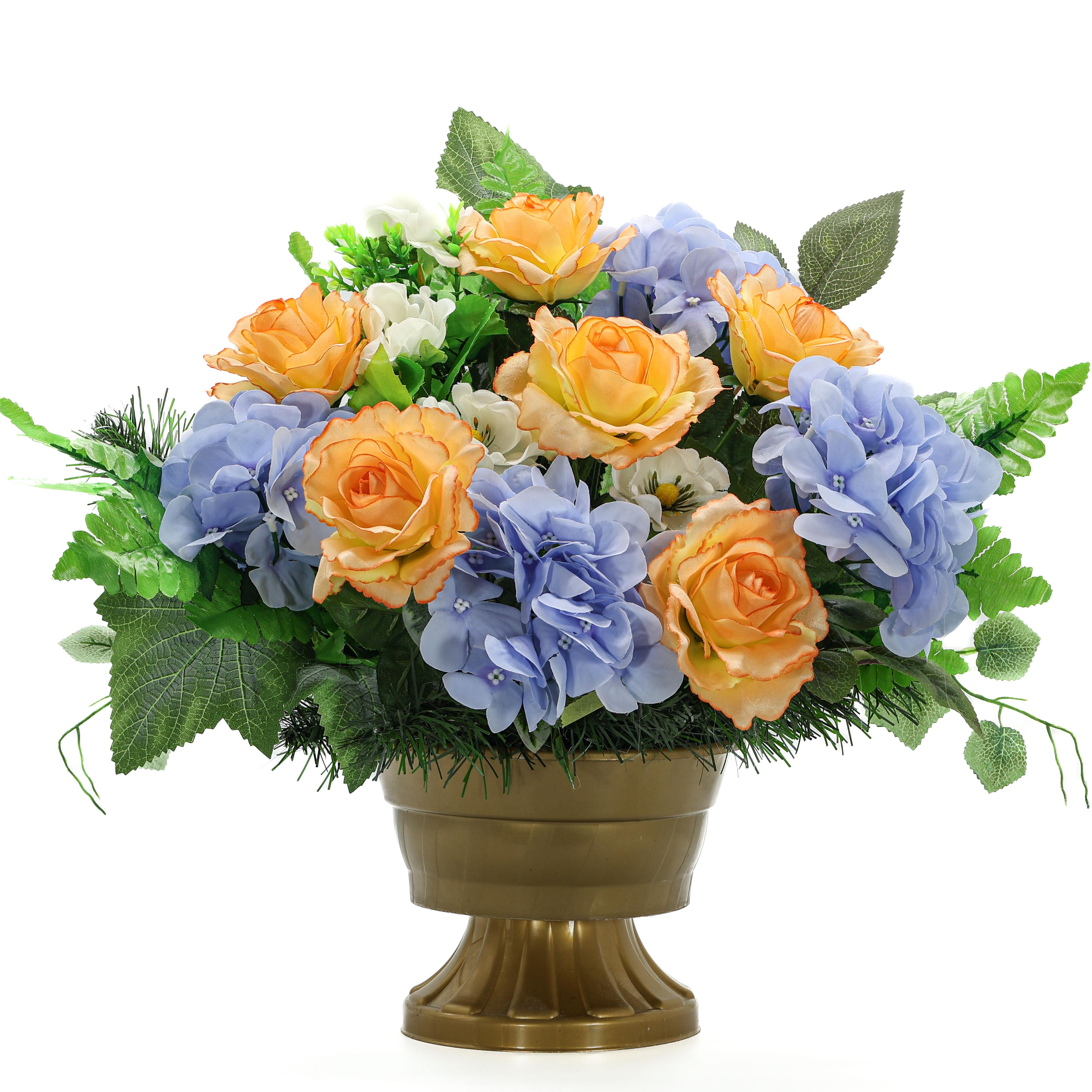 Композиция Gala Decor из искусственных персиковых и голубых цветов в золотистом кашпо 30 см (К3040СП)