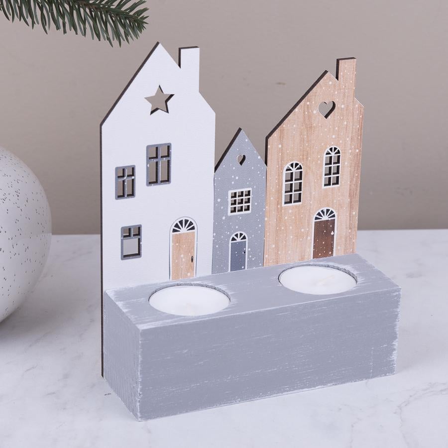 Подсвечник деревянный серый Домики 14 см (2467-9)