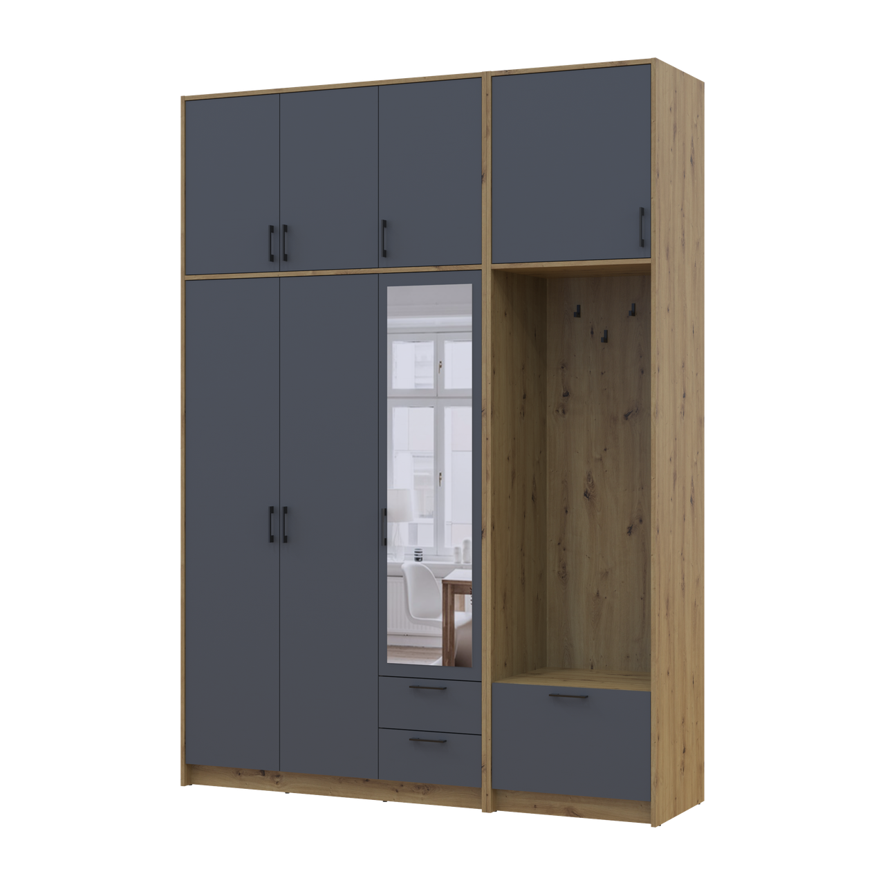 Шафа для одягу Doros Ронді з вішалкою, дзеркалом та високою антресолею 3 ДСП 181х52х260 см Дуб Артізан/Графіт (42005291) Шафа для одягу Doros Ронді з вішалкою, дзеркалом та високою антресолею 3 ДСП 181х52х260 см Дуб Артізан/Графіт (42005291)