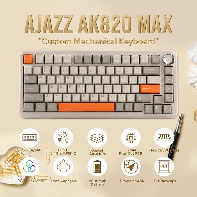 Клавиатура игровая Ajazz Ak820 MAX беспроводная механическая с RGB подсветкой с поддержкой HOT-SWAP Flying Fish Switch Beige - фото 2