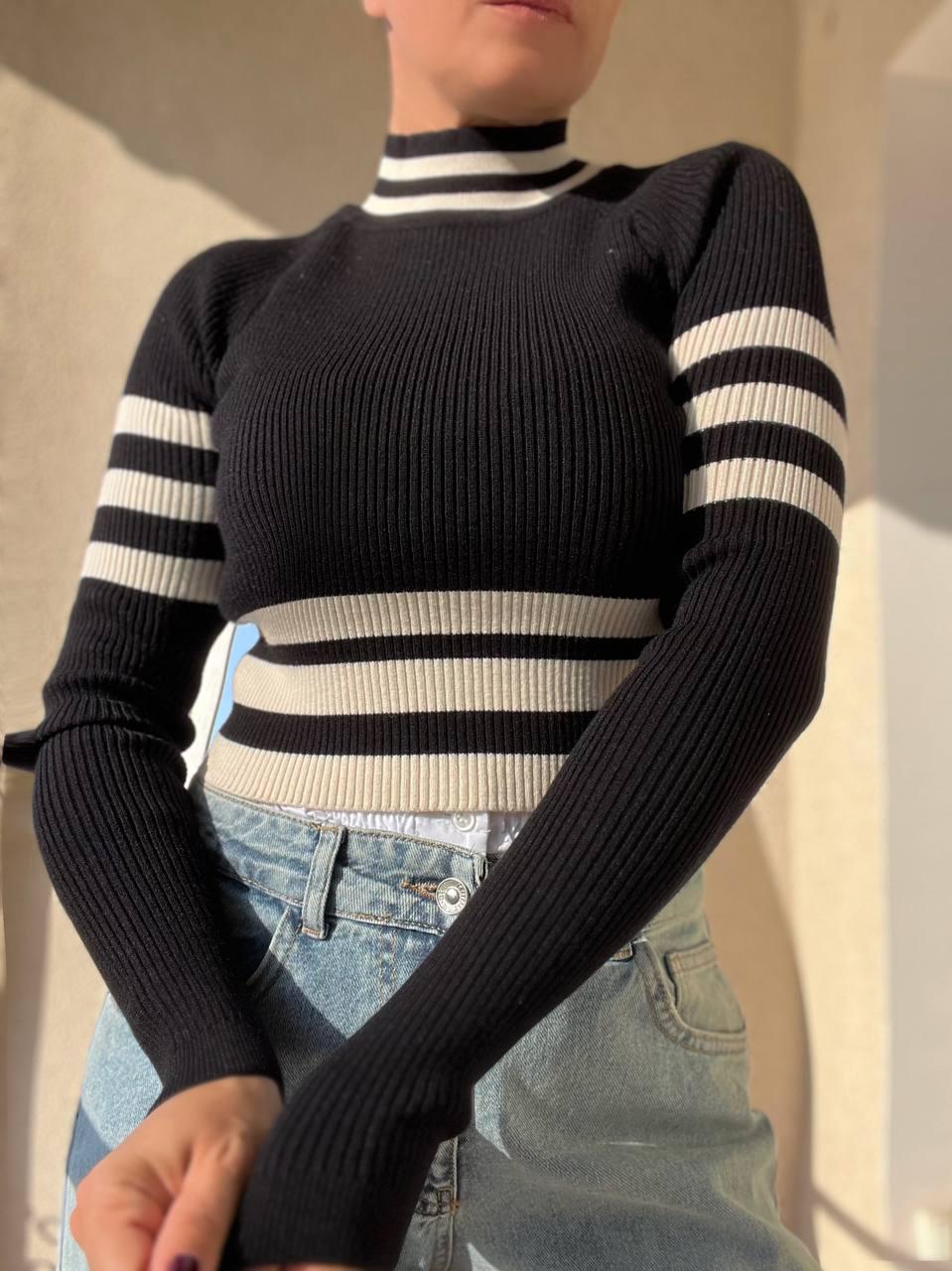 Светр гольф жіночий MIX RAY 6728 смуга кроп-топ короткий OS Чорний (1018)