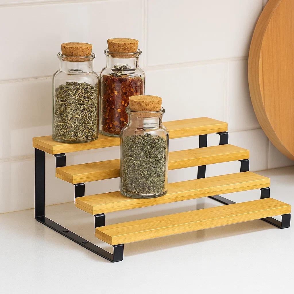 Полка для кухни и ванной комнаты деревянная многоярусная на 4 ступени для специй устойчивая
