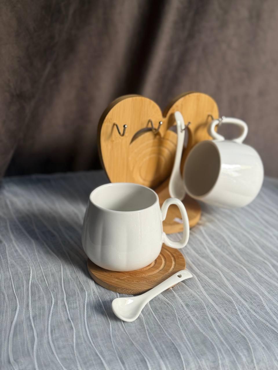 Набор кружок керамических Elisey Сердце на бамбуковой подставке 170 мл/16 см 7 предметов Белый (125-81-9184-011)