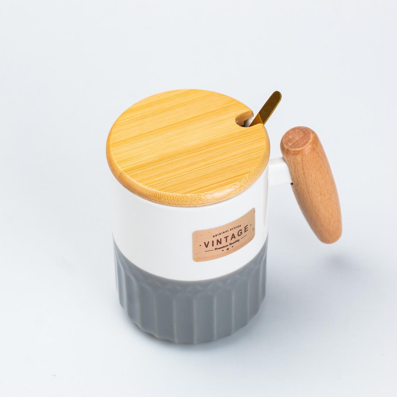 Чашка керамическая с бамбуковой крышкой и ручкой 400 мл Серый (4424)