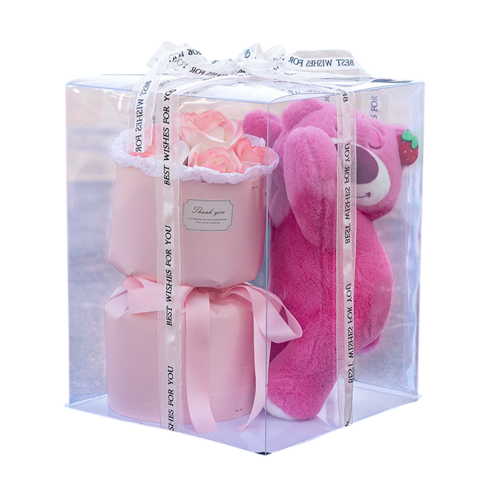 Букет розы из мыла с мягкой игрушкой мишка (17059)