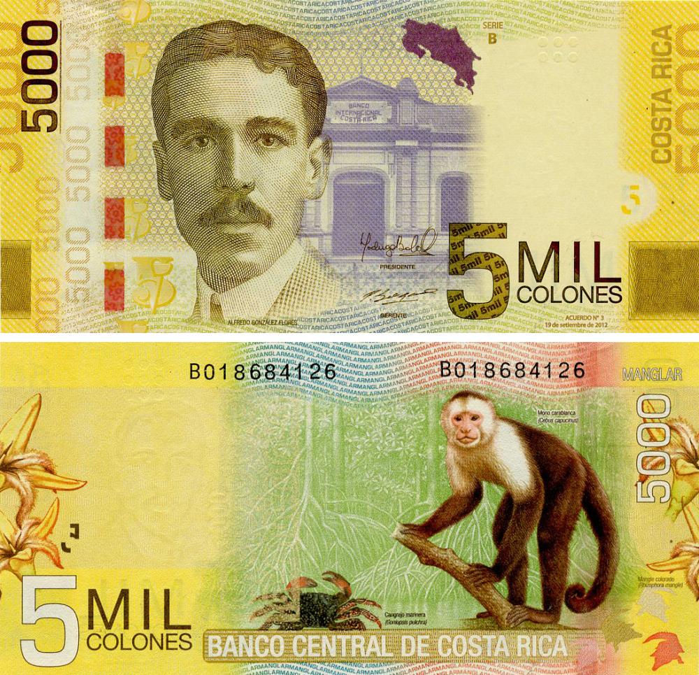 Коллекционная банкнота Коста-Рика 5000 колонн 2012 UNC Обезьяна (P276b)