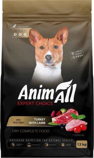 Корм сухой полнорационный AnimAll для собак средних пород с индейкой и ягненком 12 кг (178611)