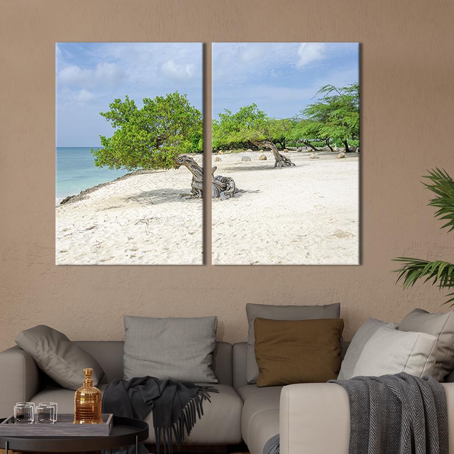 Настенный декор диптих картина на холсте для интерьера Тропические деревья на диком морском берегу 111x81 см (434-2)