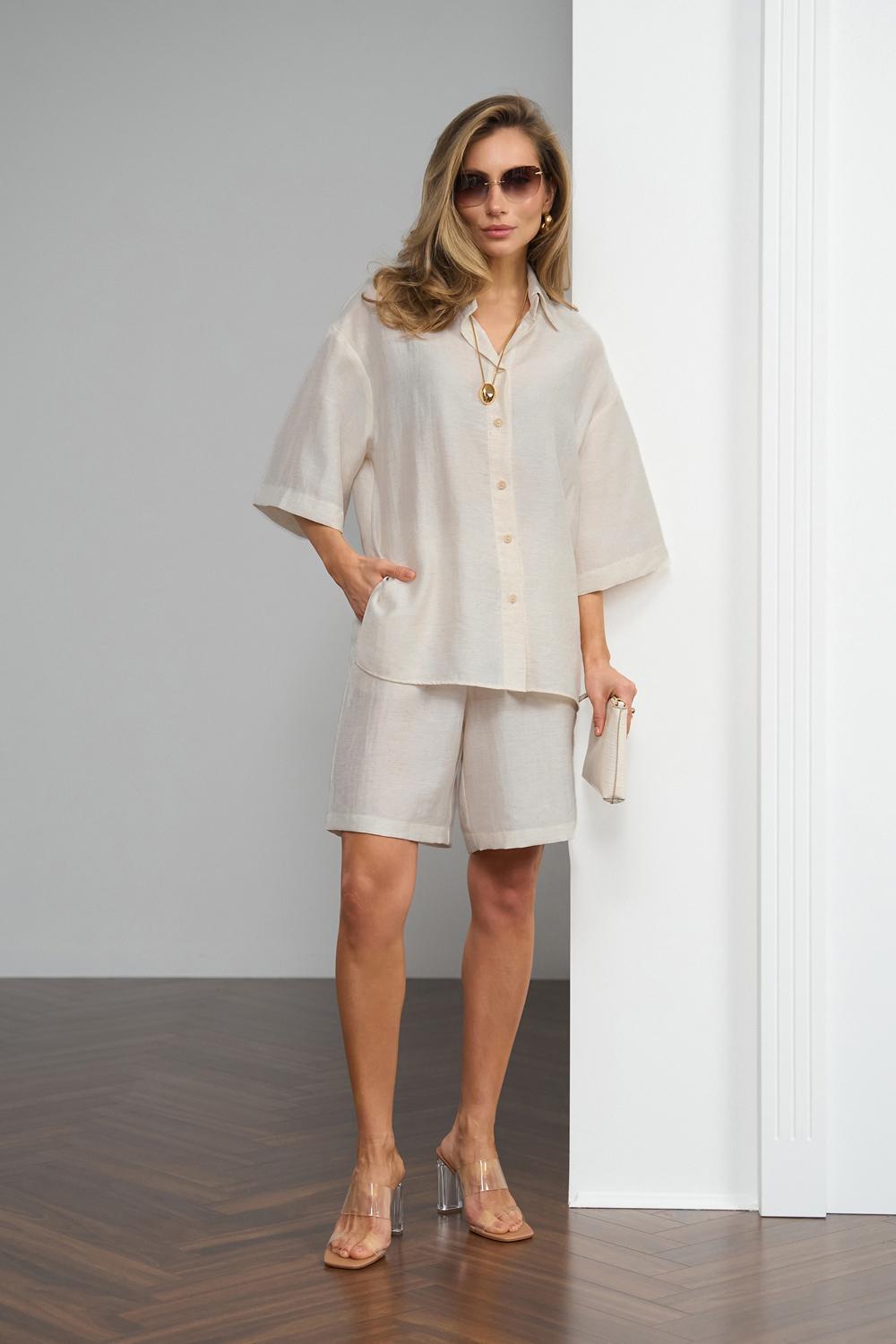 Костюм женский с леном рубашка/шорты Бежевый (3066)