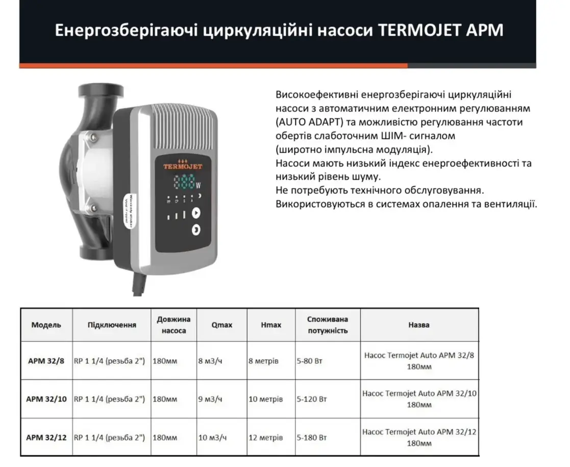 Насос циркуляційний енергозберігаючий Termojet APM 32/80 180 мм (APM 32-80x180) - фото 2