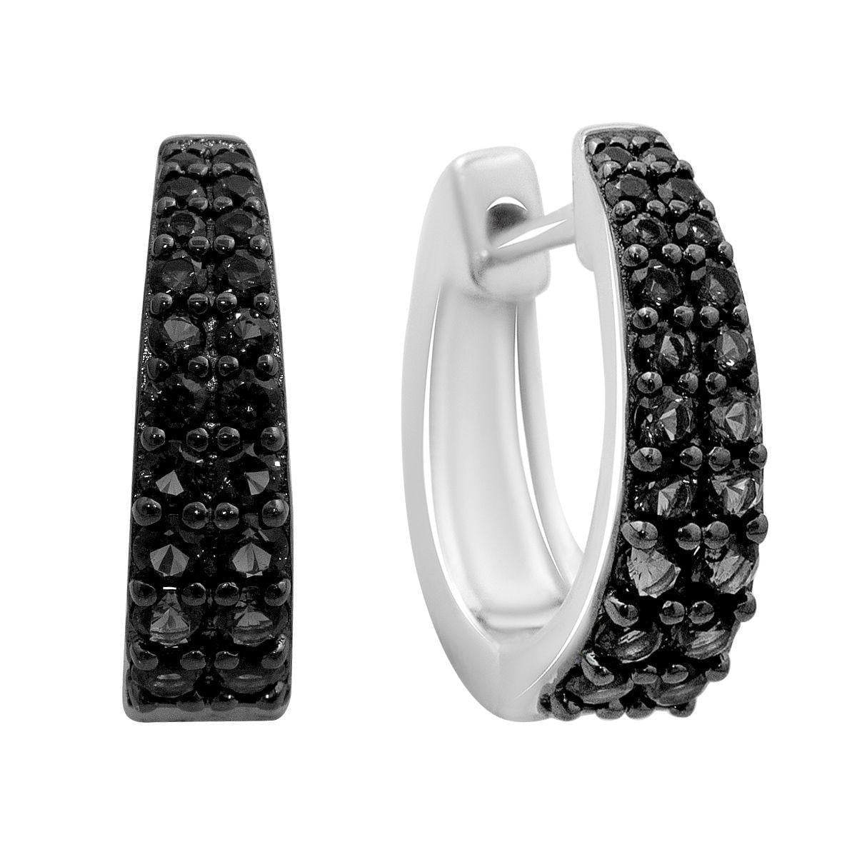 Серебряные серьги-кольца с черными фианитами дорожкой