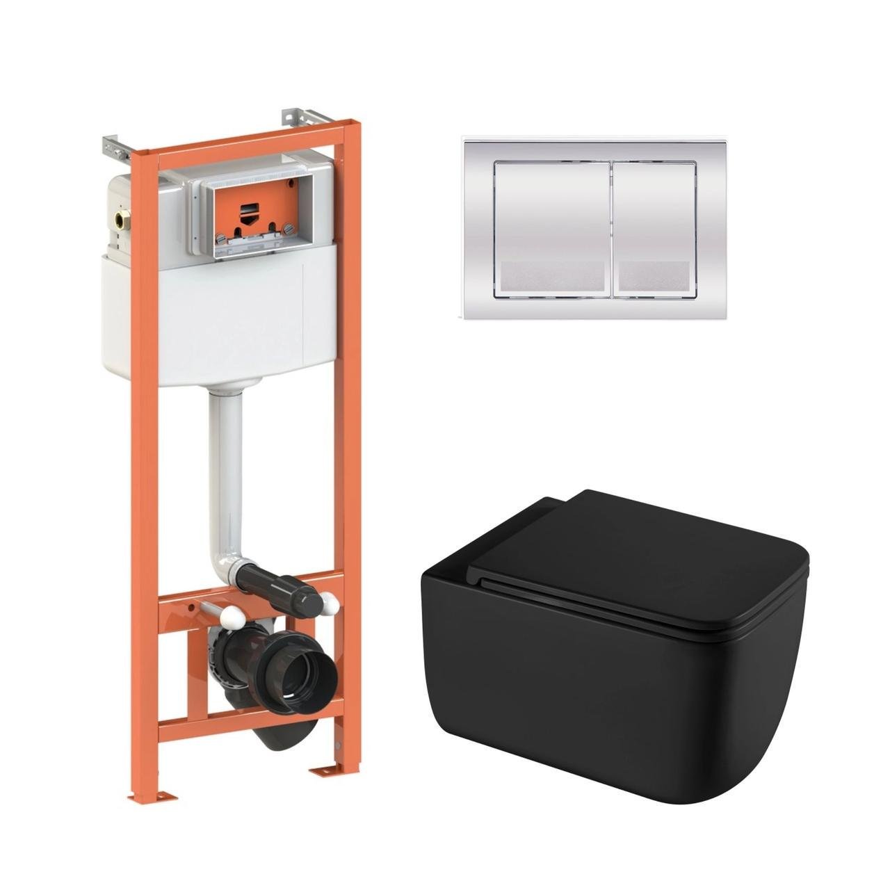 Установка Qtap подвесной унитаз Gemini Ultra Quiet/комплект установки Nest 4в1 квадратная клавиша (2611546673)