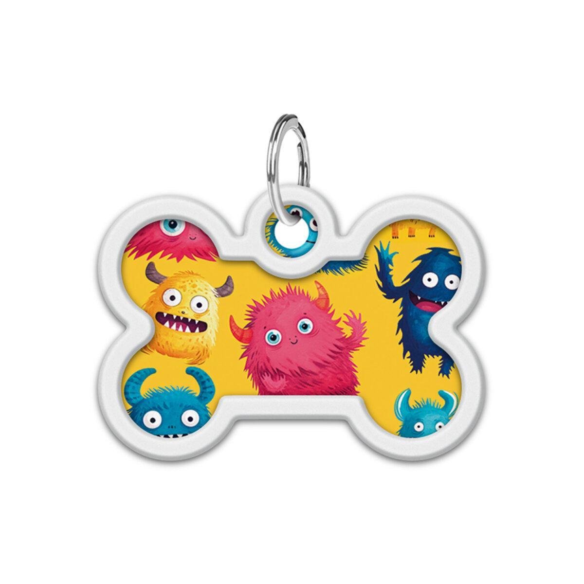 Адресник металлический для собак и кошек Waudog Smart ID Мохнатые монстры с QR паспортом кость 40х28 мм (231-4050 Col)