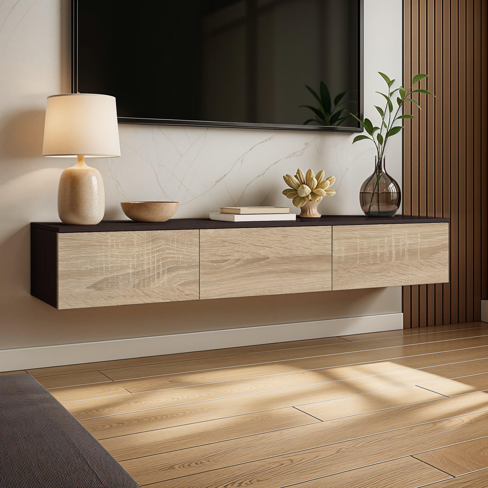 Тумба під телевізор підвісна з шухлядами без ручок FT-221 1500x360х242 мм Венге Магія/Дуб Сонома