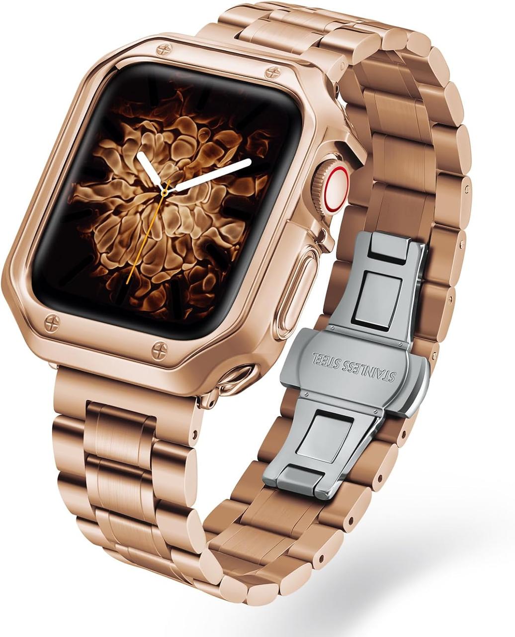 Ремінець для Apple Watch BINLUN з нержавіючої сталі із захисним чохлом 45/44/42 мм Рожеве золото