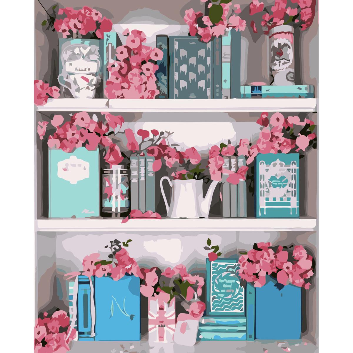 Картина по номерам Strateg Премиум Полочка с цветами с лаком 40х50 см (VA-3679)