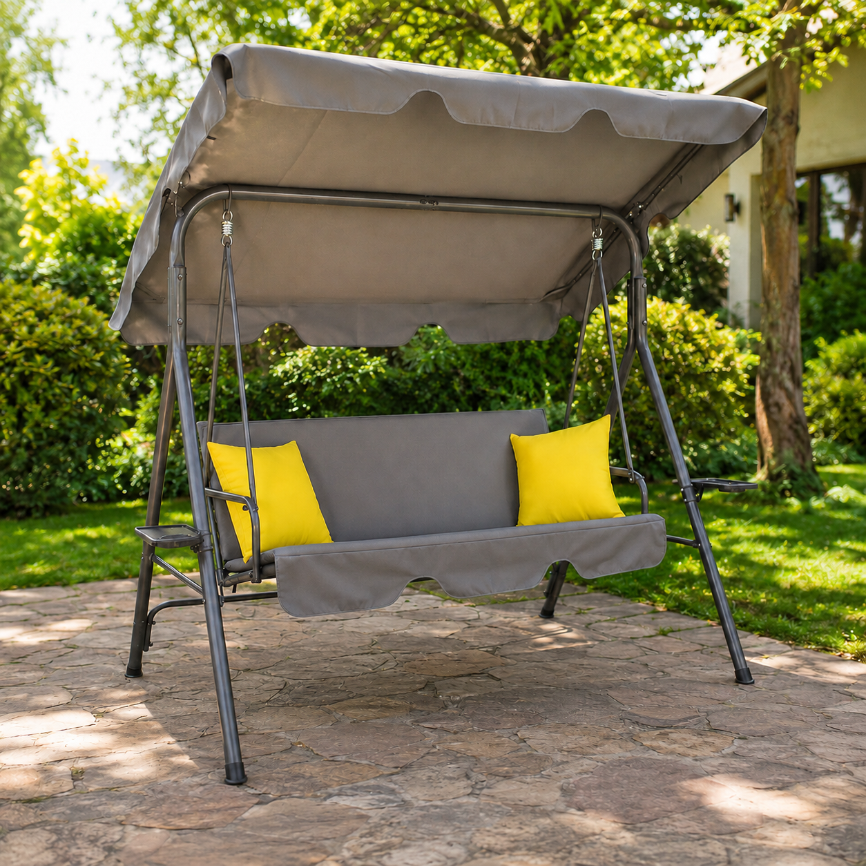 Качеля садовая GardenLine KRE9987 трехместная с навесом и подушками 170x118x153 см Серый
