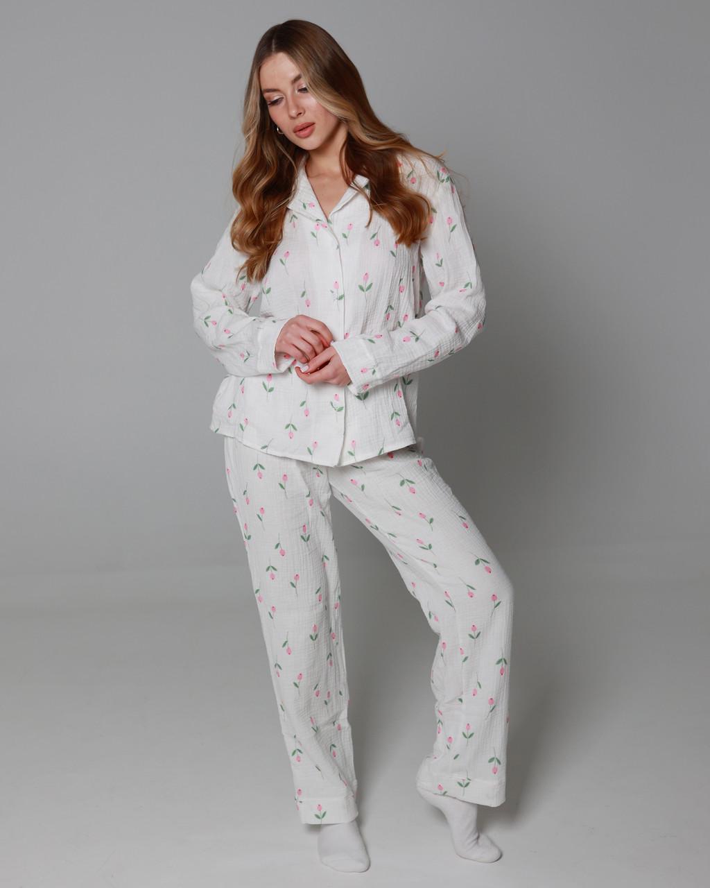 Костюм домашній піжама жіноча з мусліну сорочка зі штанами Рожевий тюльпан (2490277388) - фото 3 Костюм домашній піжама жіноча з мусліну сорочка зі штанами Рожевий тюльпан (2490277388) - фото 3