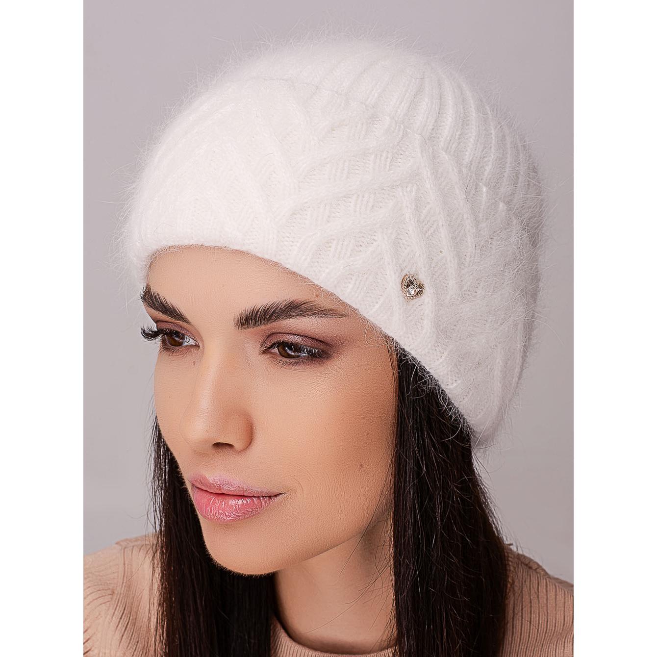 Шапка женская ангоровая утепленная флисом Leks Мадонна с узором на отвороте Молочный - фото 1