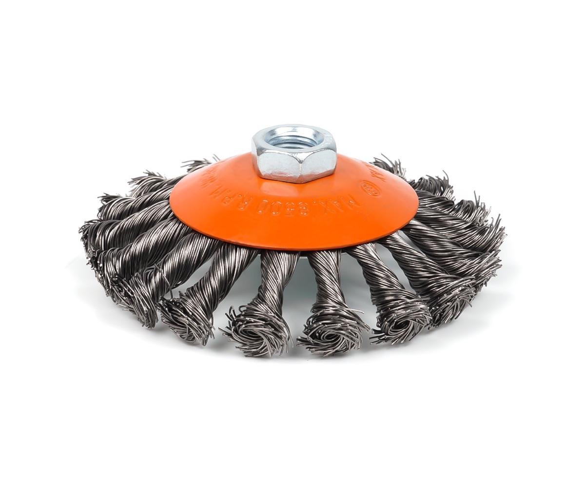 Щетка по металлу Polax конусная по металлу для УШМ стальная проволка М14 115 мм (54-165)