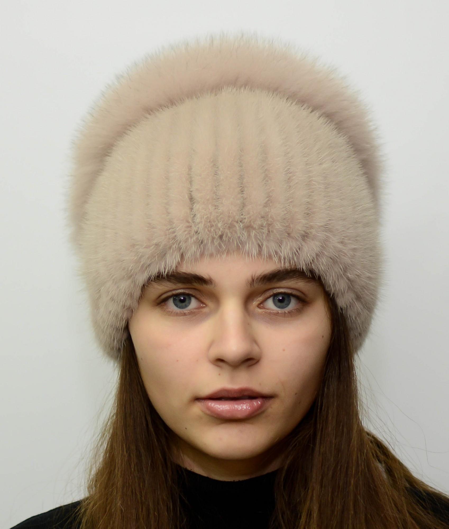 Шапка з в'язаної норки Меховой стиль Бабка з помпоном натуральне хутро M-L Какао (117/D)