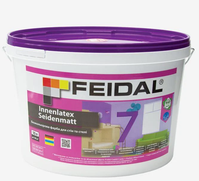 Краска интерьерная Feidal Innenlatex Seidenmatt 7 для стен и потолка шелковисто-матовая 10 л Бесцветный