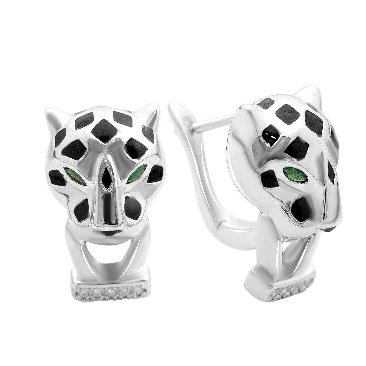 Сережки срібні у вигляді голови пантери з чорною емаллю та зеленими акцентами Сережки срібні у вигляді голови пантери з чорною емаллю та зеленими акцентами