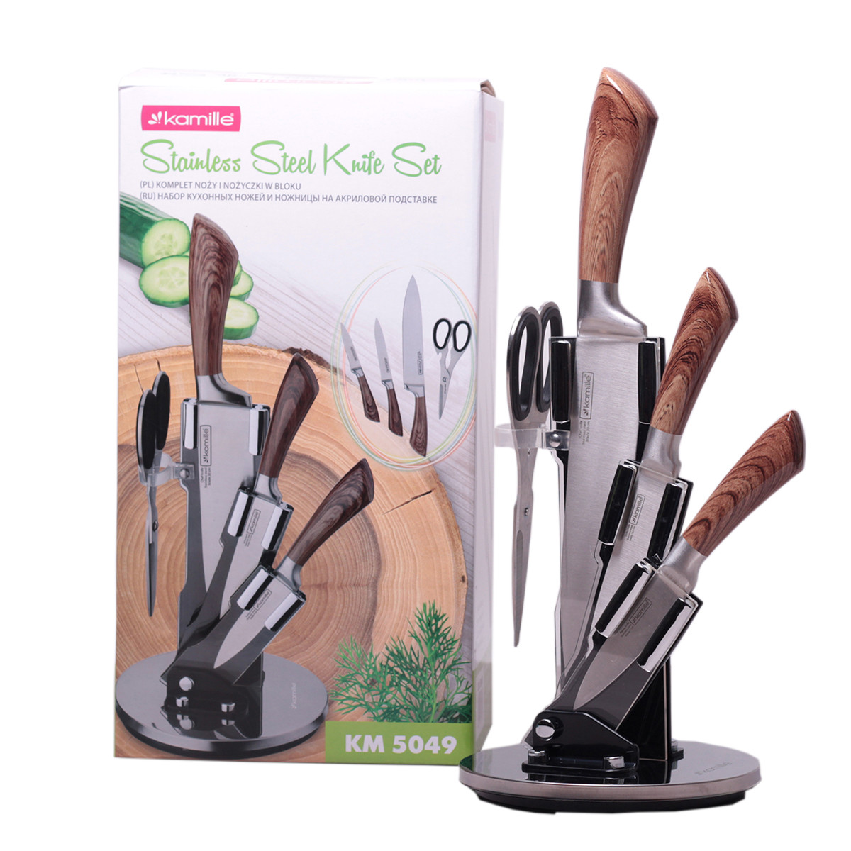 Набір кухонних ножів і ножиці Kamille 5 пр. на акрилової підставці KM-5049