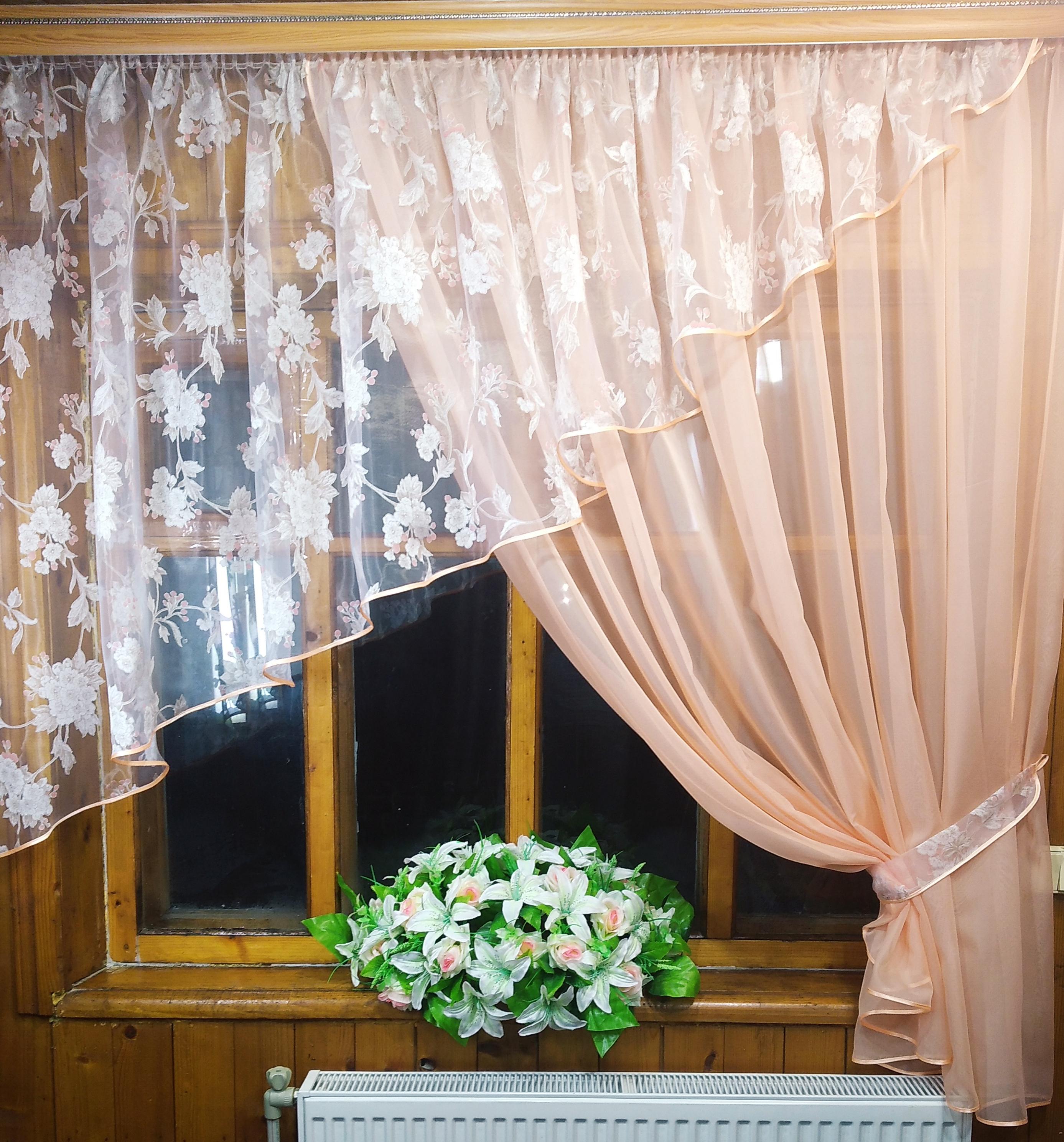 Занавеска кухонная короткая правая готовая Анжелика веточка Персиковый